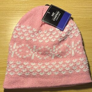 Pink and White Fleece Lined Knit Beanie